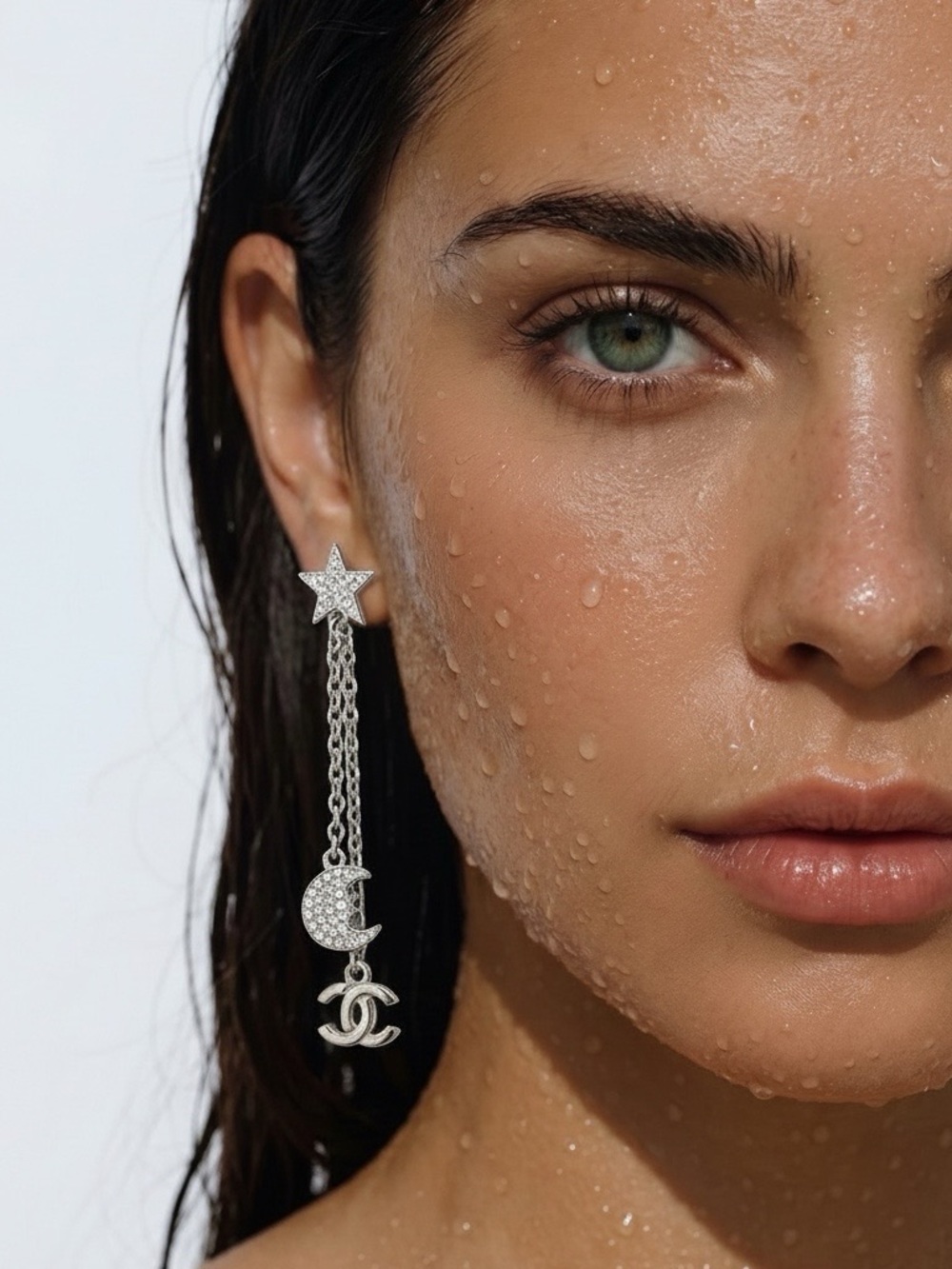 CHANEL Silver Star, Crescent Moon & CC Drop Earrings